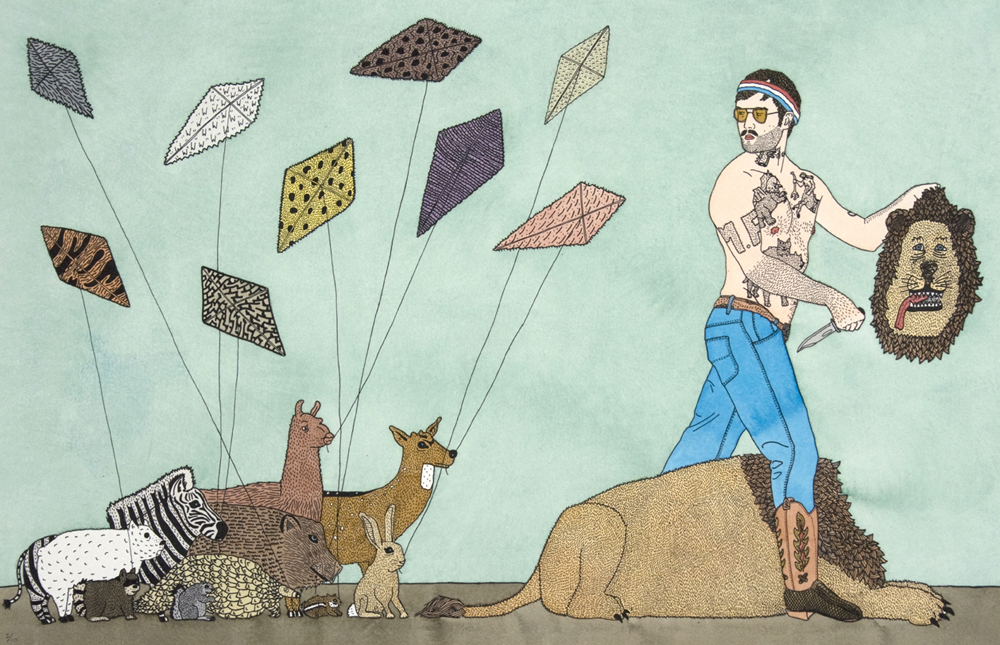 "Randy Denis Beheading the Lion" by Patrick Smyczek. Lithograph and watercolor, 13" x 20" (2010)