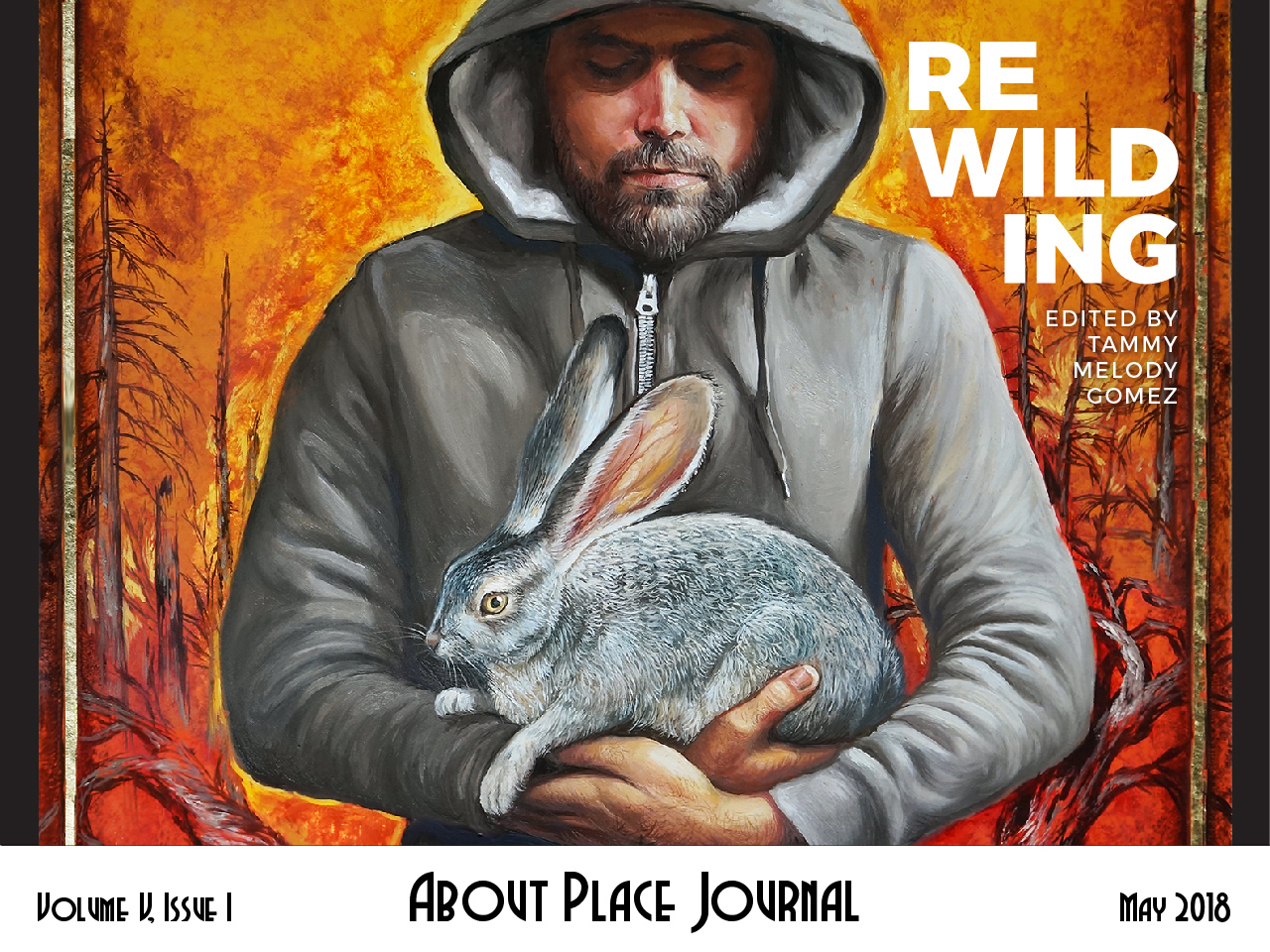 man in a hoodie holding a wild rabbit in front of a fiery landscape / Rewilding / Edited by Tammy Melody Gomez