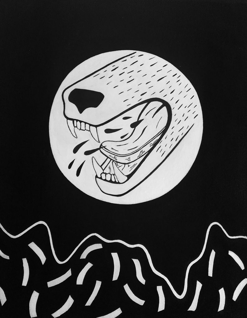 black-and-white drawing of salivating wolf mouth