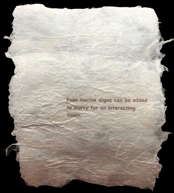 handmade paper with text "Even marine algae can be added to slurry for an interesting touch."