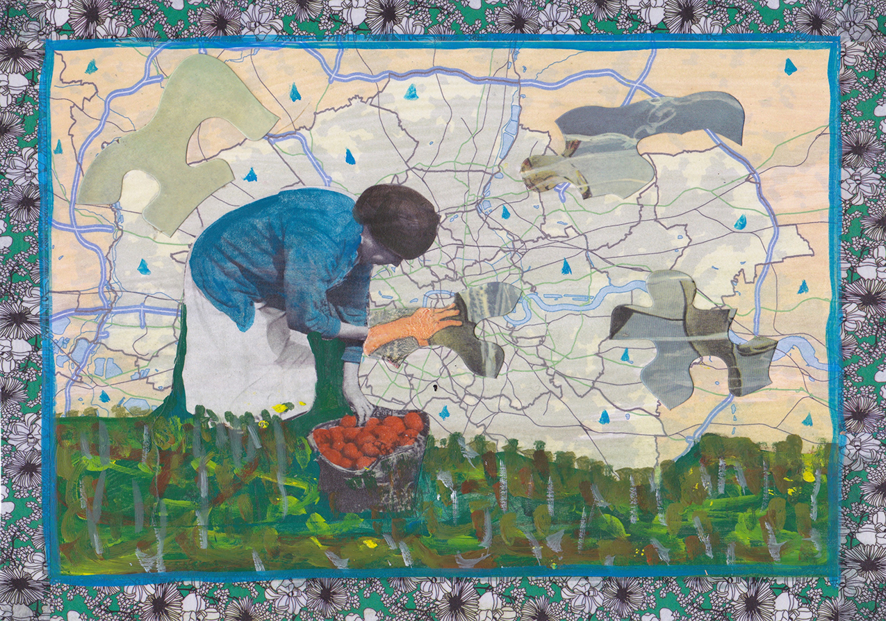 collage featuring stooped woman picking fruit with a map and floral fabric in background