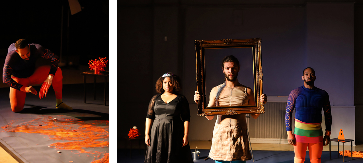 stills from The Sound of Infection: Ruggerio with orange paint, Magician holding frame flanked by Ruggerio and Alcina