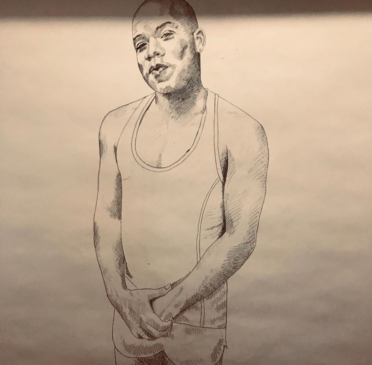 life-size pencil drawing of a black man in a tank top and shorts from Antarctica art installation