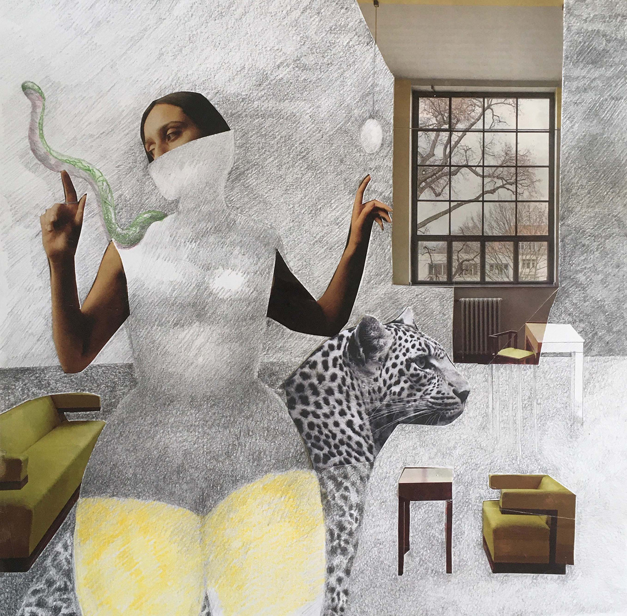 collage featuring found paper imagery and pencil sketches. features a woman with a snake on her shoulder, a leopard, a window with a barren landscape, and interior furniture.