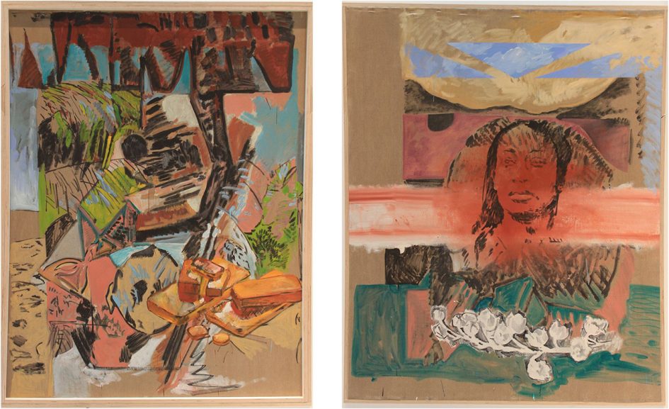 diptych of painting in warm browns and other earth tones. abstract shapes, landscapes, a woman's face.