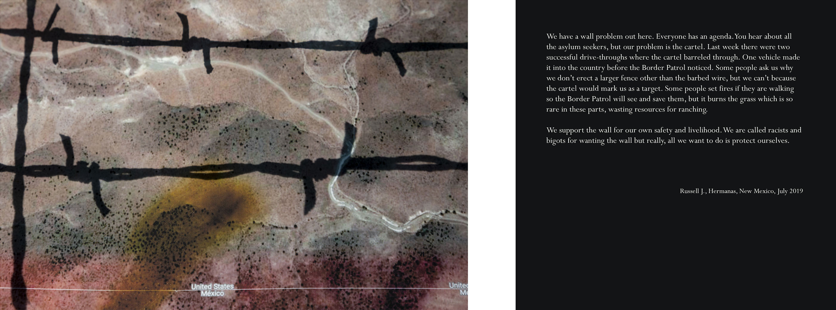 aerial map showing the border between United States and Mexico overlaid with the shadow of a barbed wire fence