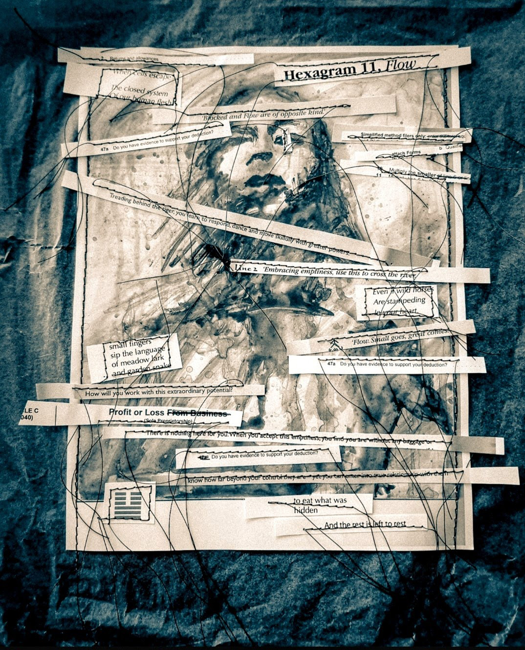 Collage of a sketched woman on white paper over a dark background. The paper has cut out text snippets sewn to it with white thread.