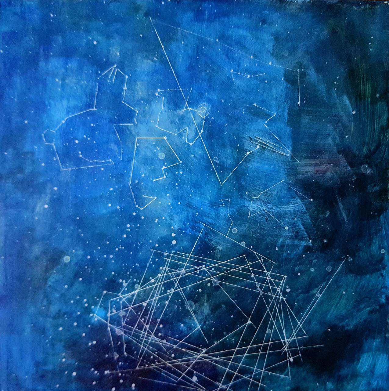 Painting of a blue background with dots and constellations in white. Some constellations are abstract while others evoke animal shapes.