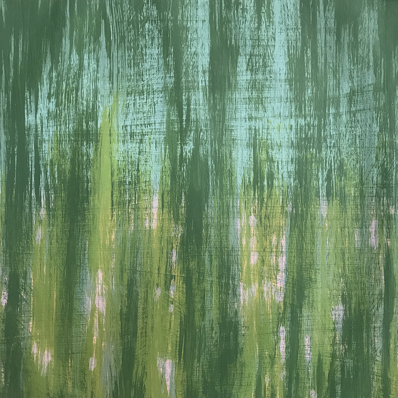 abstract painting of vertical brush strokes in various shades of green