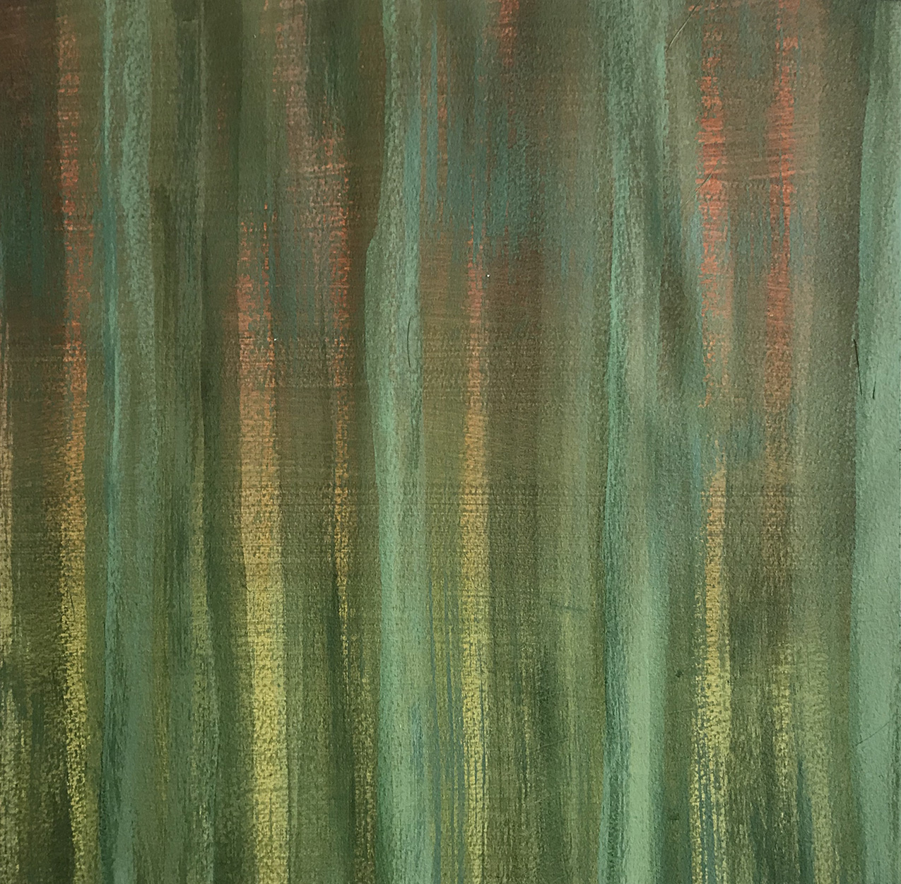 abstract painting of vertical brush strokes in various shades of green