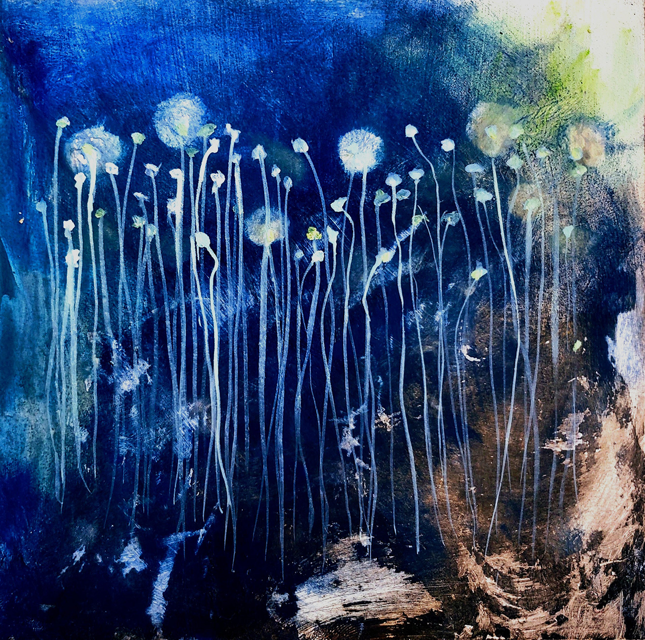 abstract painting of white fungal threads in front of a rich blue background