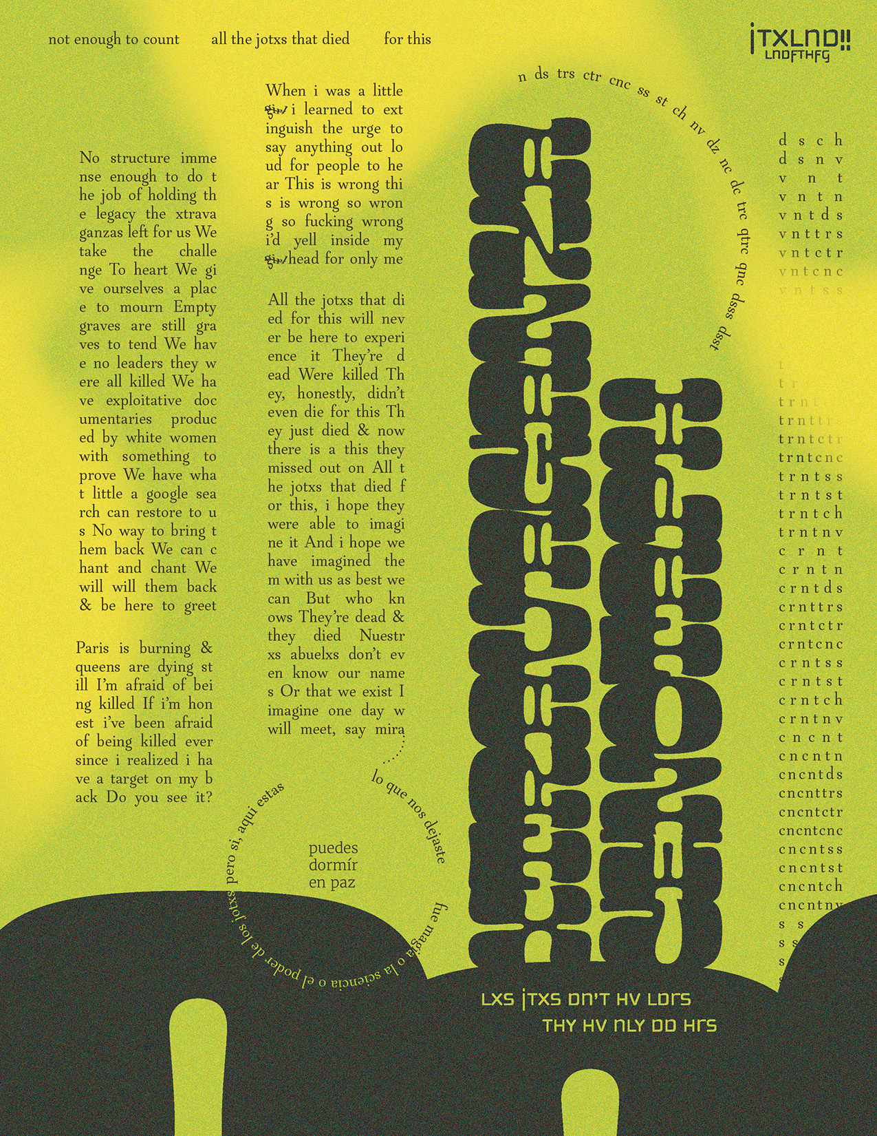 visual poem set in tall skinny columns on a green and yellow background with large abstract text forms