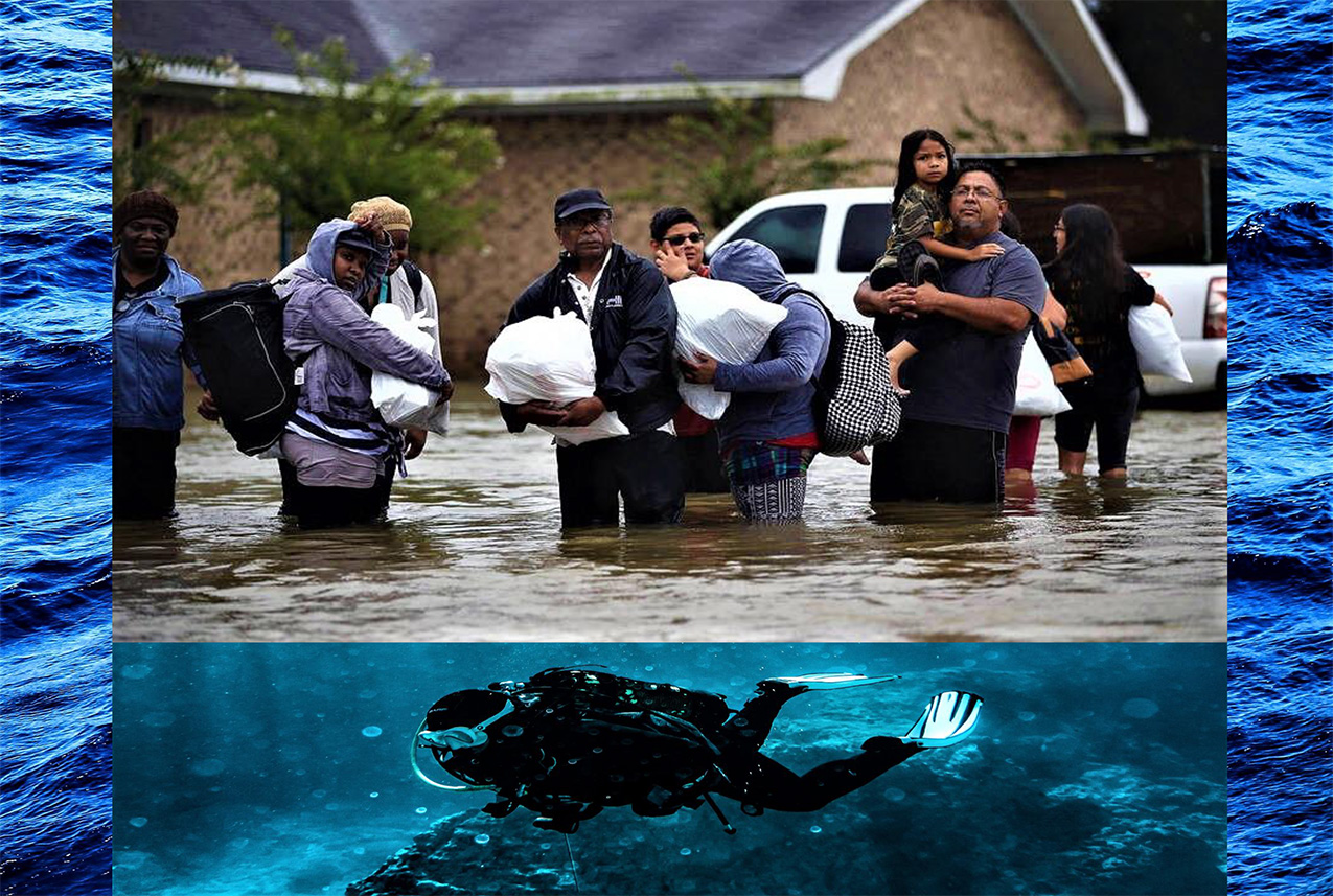 a collage of photos: residents waiting for help in flood waters after Hurricane Harvey, and a scuba diver, wavy water