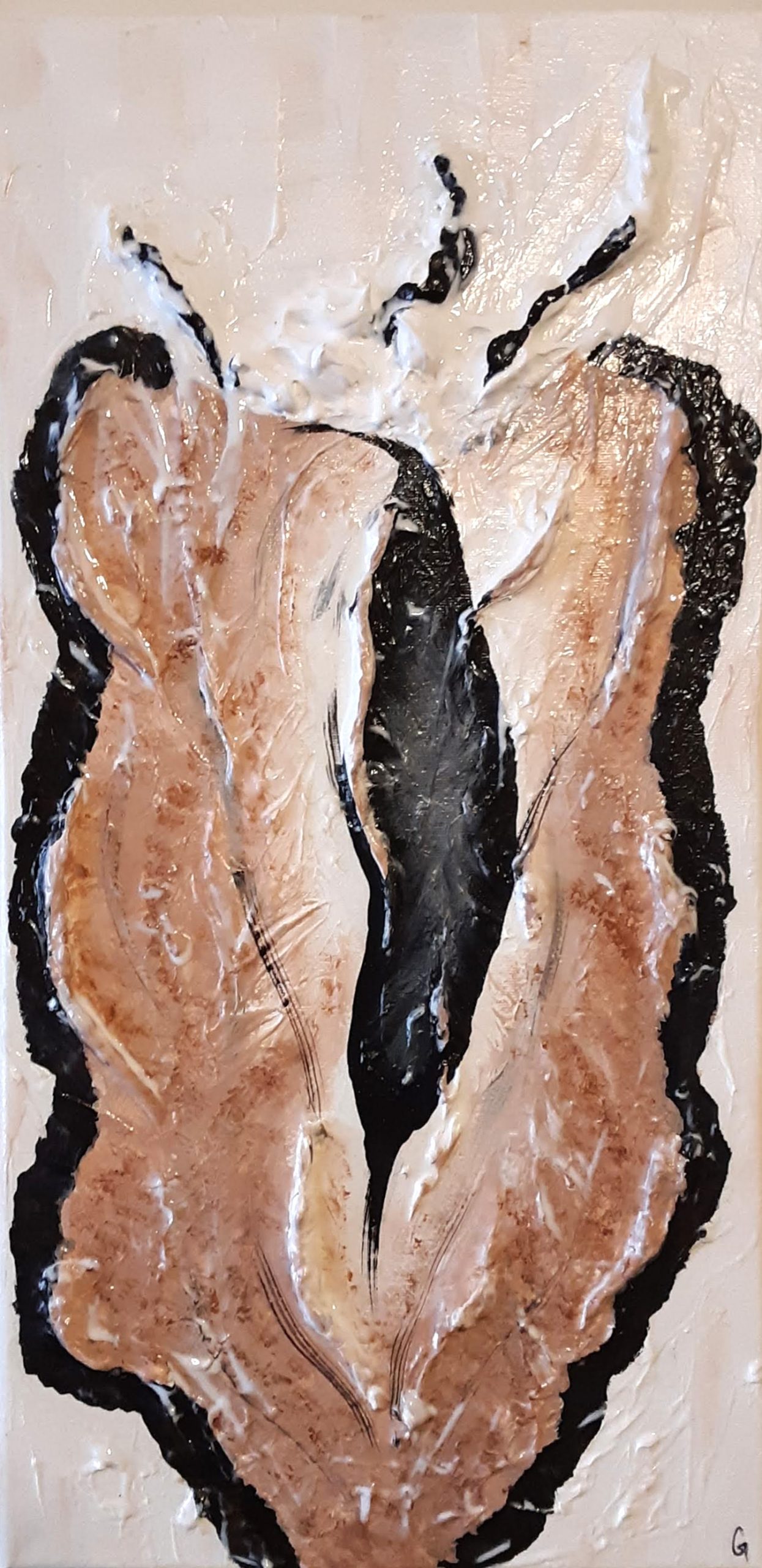 Glossy, textured painting of browns and black on white abstractly resembling a vulva