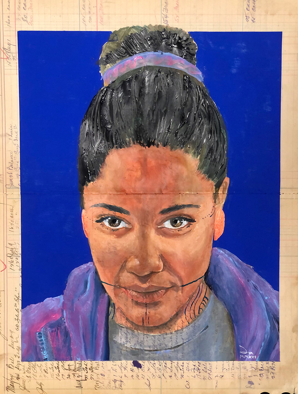 painting of a young Indigenous woman on yellowed ledger paper
