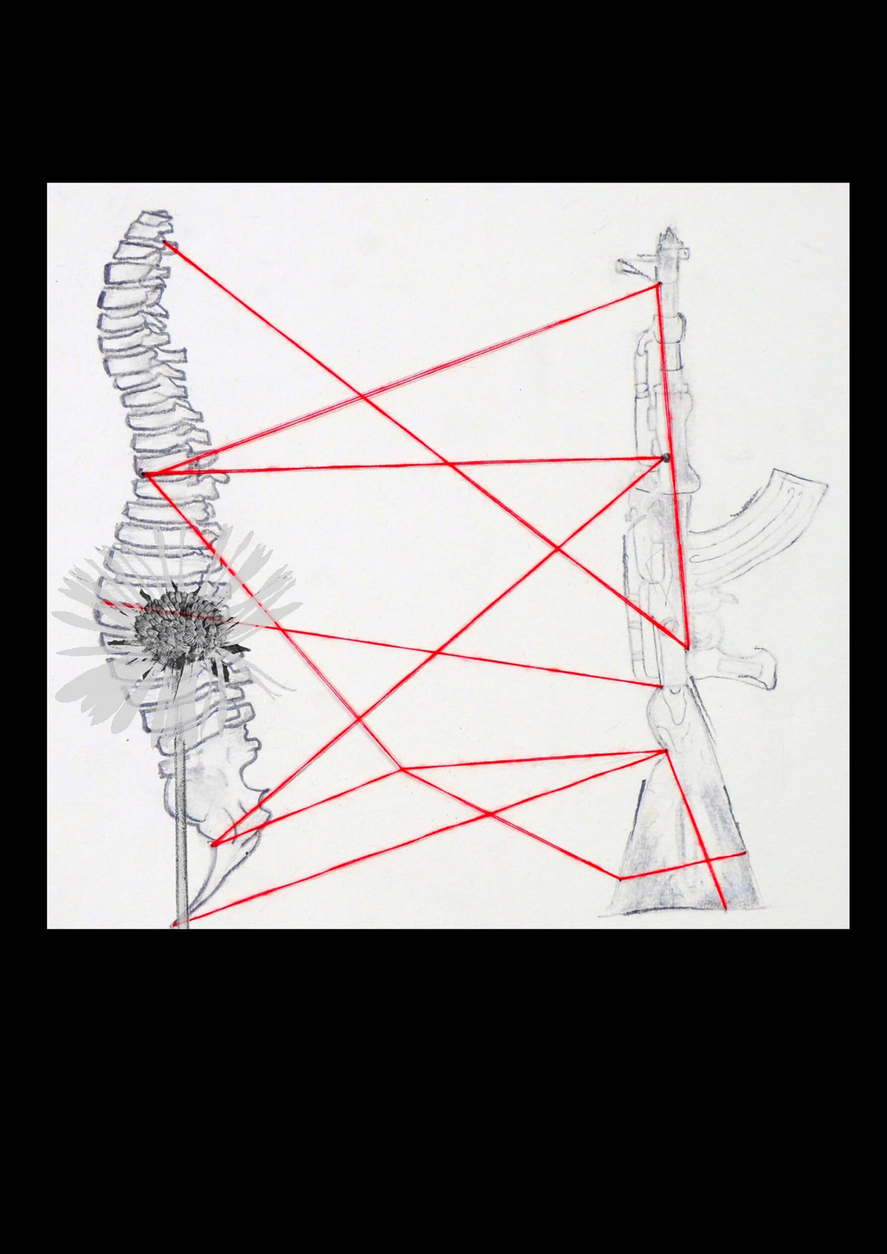 a drawing of a spine and a flower are connected to a drawing of a machine gun with red thread
