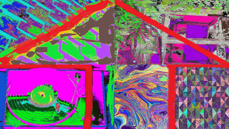 digital collage in bright pop art colors featuring a turntable, marbled swirls, an exterior facade, and a quilt-like pattern