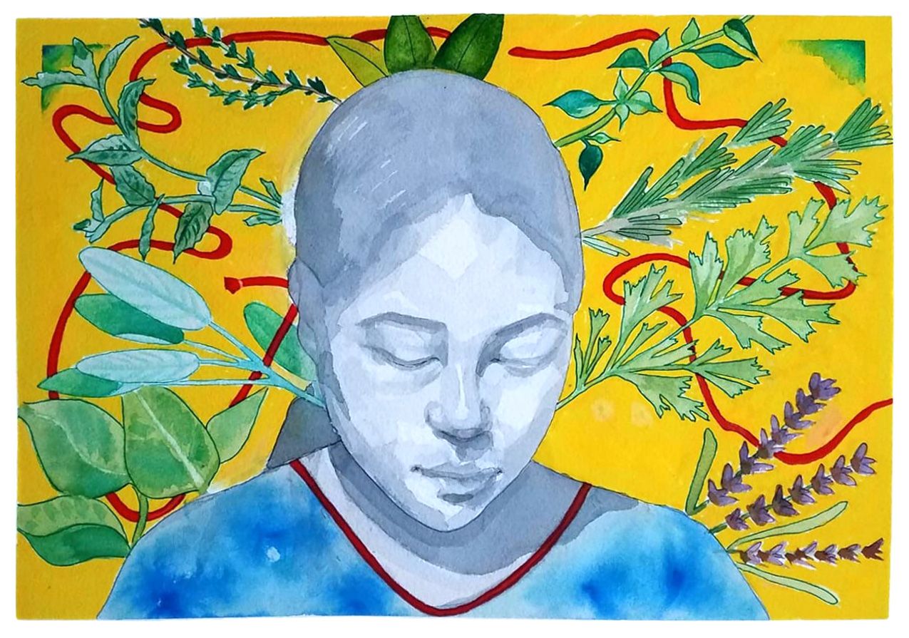 watercolor and ink drawing of a girl looking down - the floral background and clothing are colorful but the girl is in shades of gray