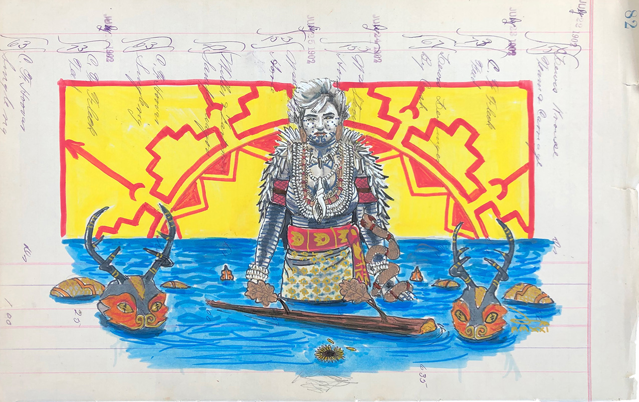painting of an Indigenous woman with traditional clothing and accessories standing in water with a snake and heads of other creatures, painted on used ledger paper from 1902