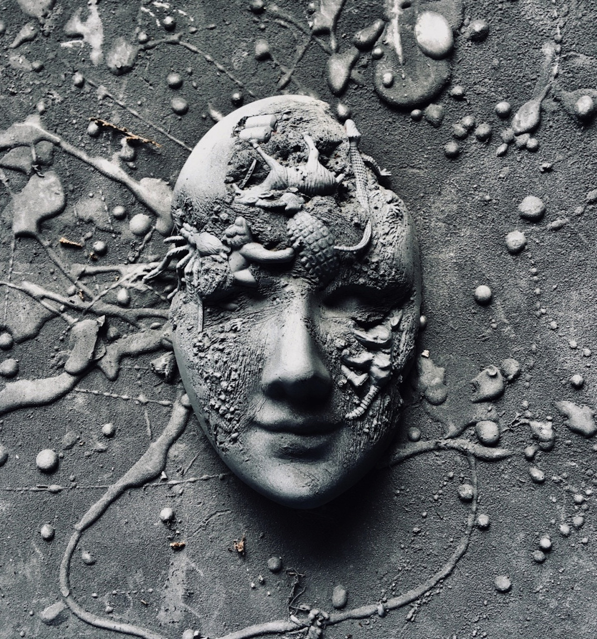 sculpture of a face with fossil-like growths