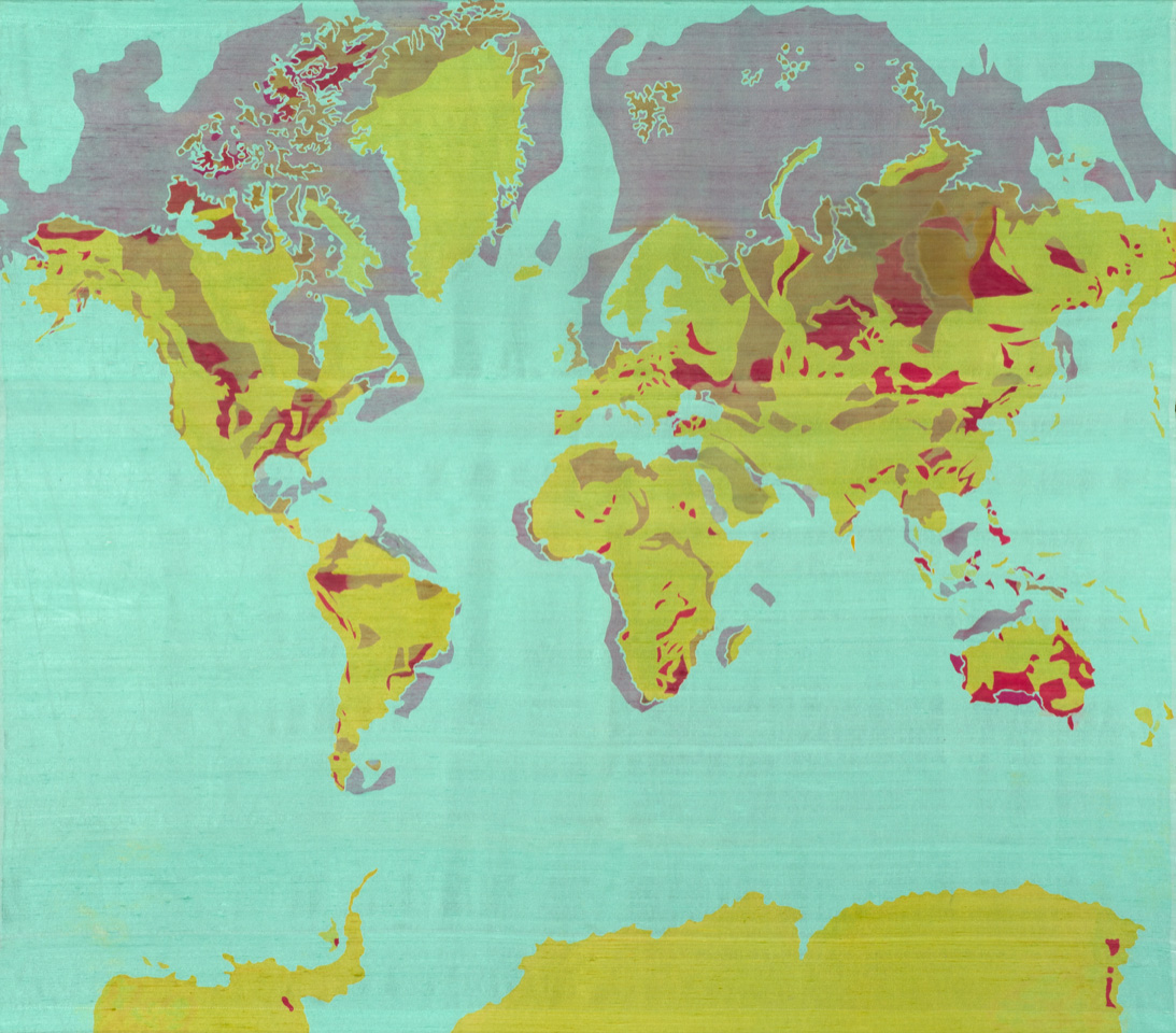 World map showing potential oil and gas (purple and brown) and coal (red) deposits in off-putting colors
