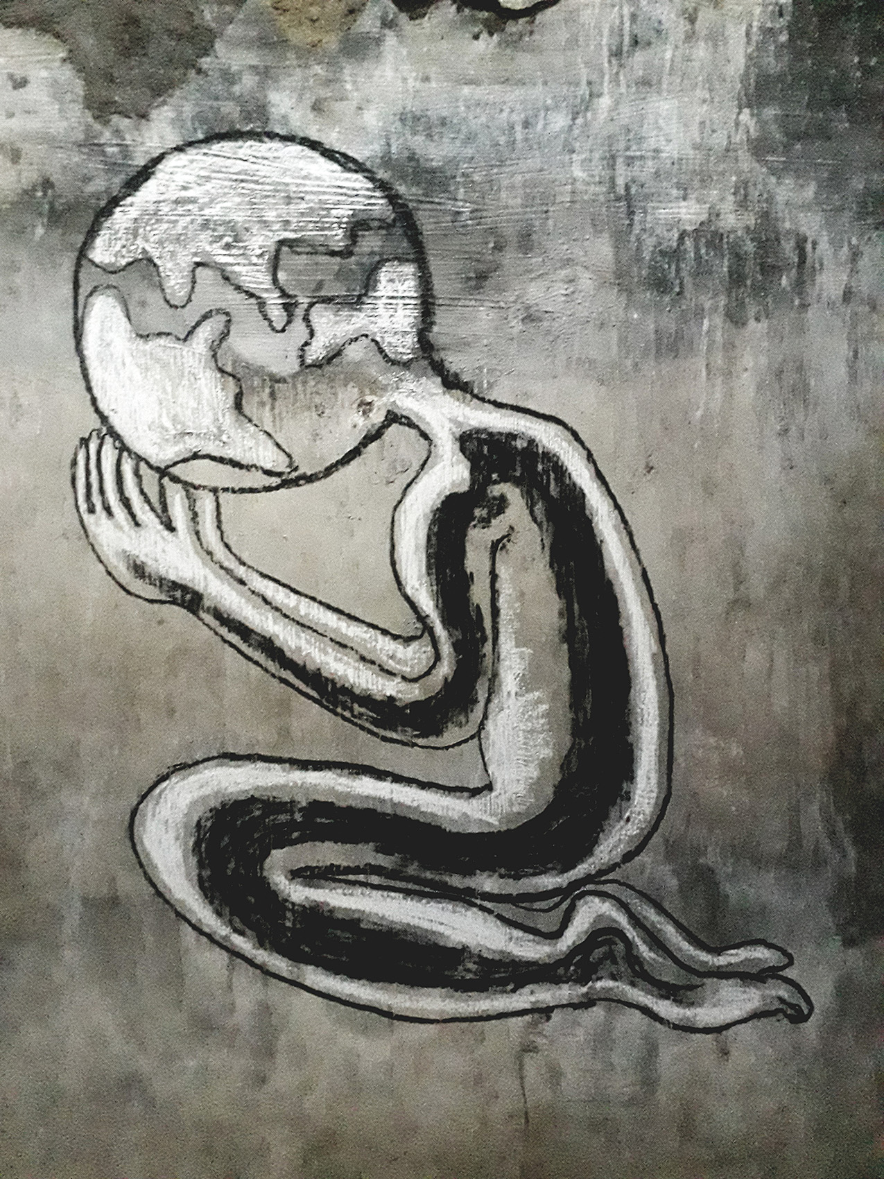 monochromatic painting of a body kneeling with head in hands; the head is an abstracted globe