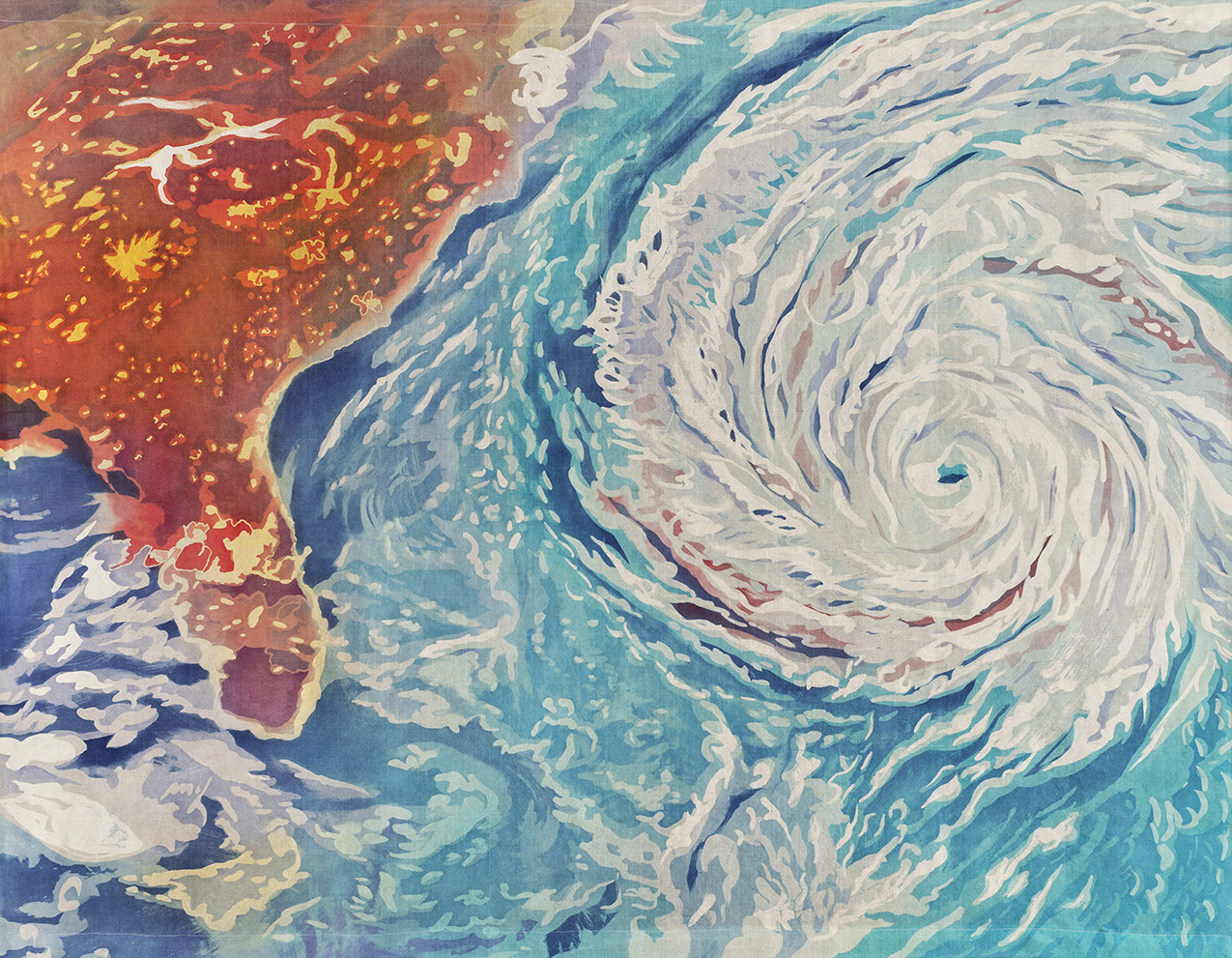 abstract painting of Hurricane Florence approaching the eastern coast of the US, as seen from space