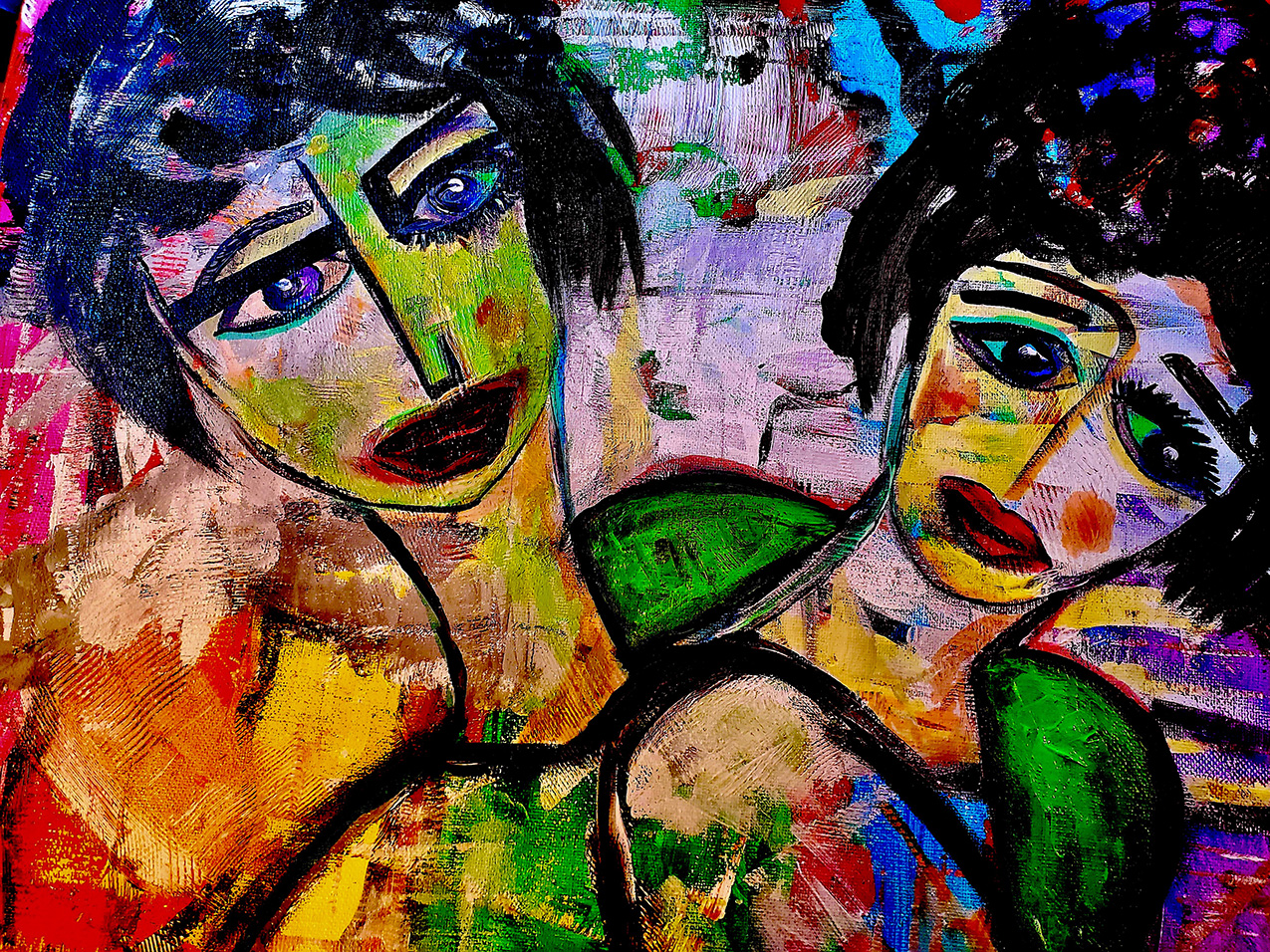 bright, colorful abstract painting of two people with wide eyes and unsettled looks