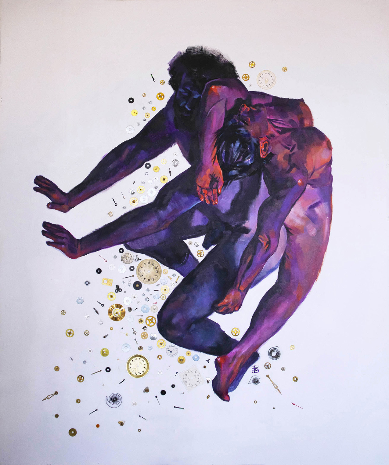 painting of purple/red nude bodies in motion on white background, surrounded by pieces of clocks