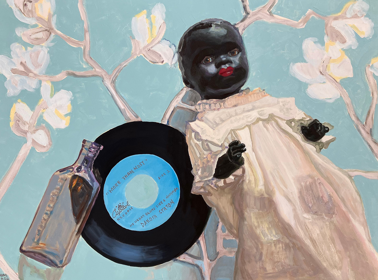 painting of a Black baby doll with white nightgown, a 45 record ("More than Most; My Heart Beats Like a Hammer") and an old glass bottle with a blue floral background