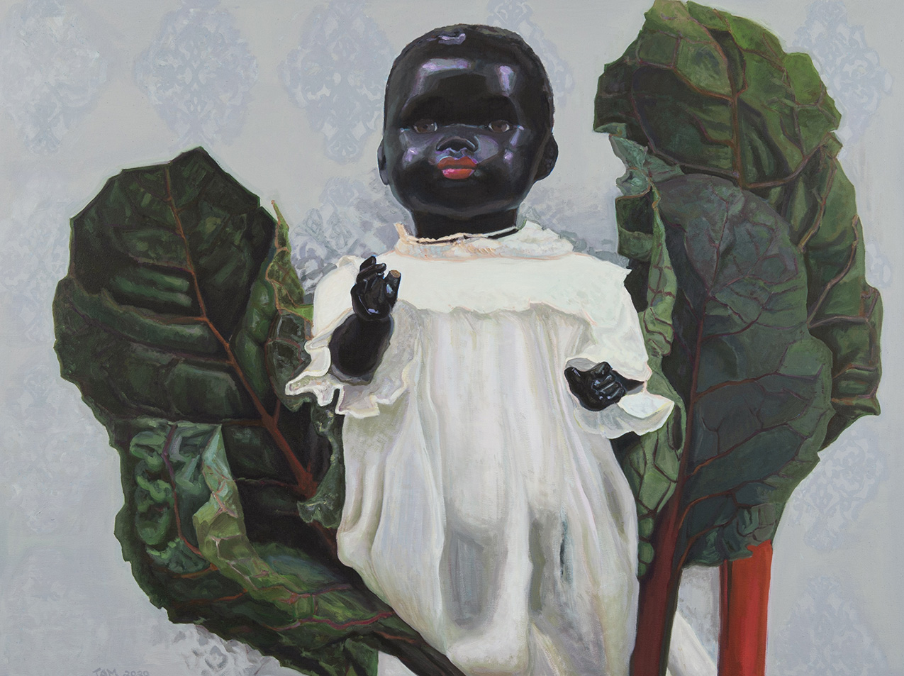 painting of an old Black baby doll with white nightgown and red lips and stalks of swiss chard