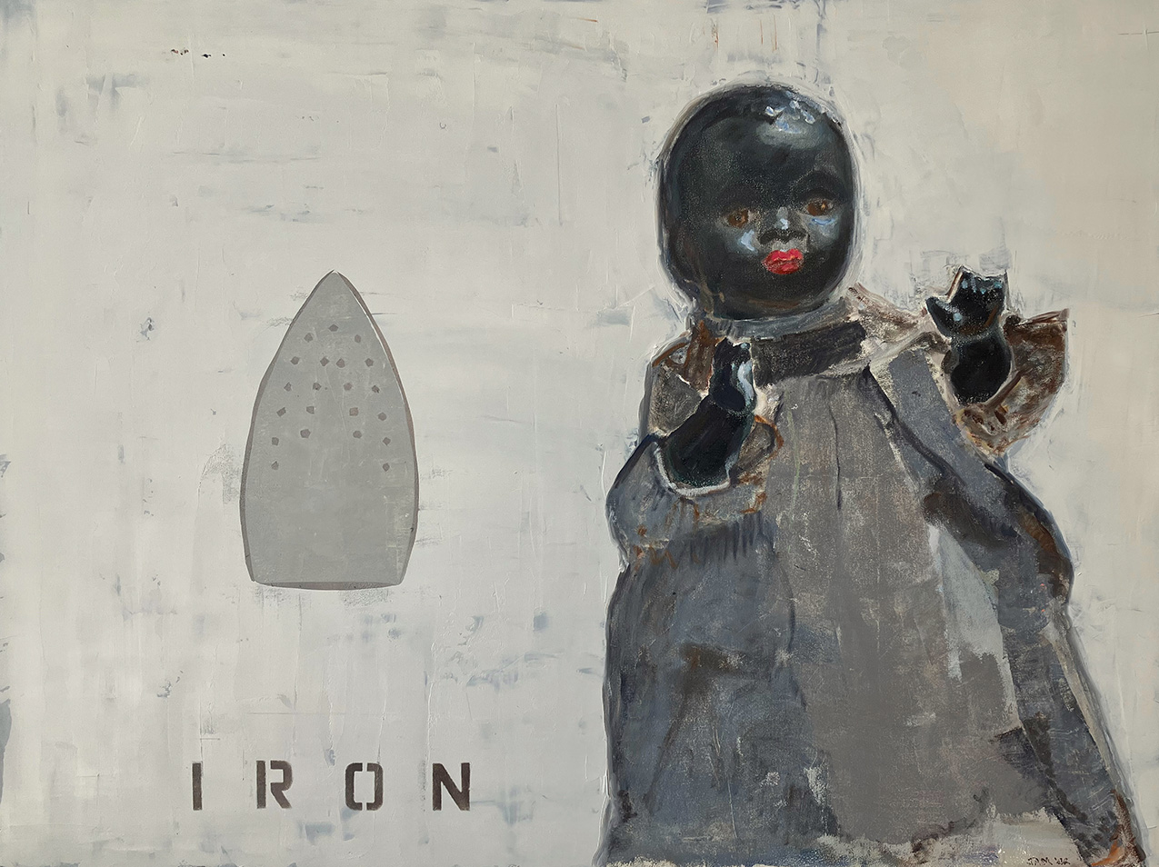 painting of an old-fashioned Black baby doll and the face of an iron with stenciled text IRON