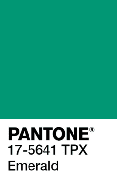Pantone swatch: vivid green color with text PANTONE 17-5641 TPX Emerald