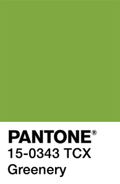 Pantone swatch: yellow-green color with text PANTONE 15-0343 TCX Greenery
