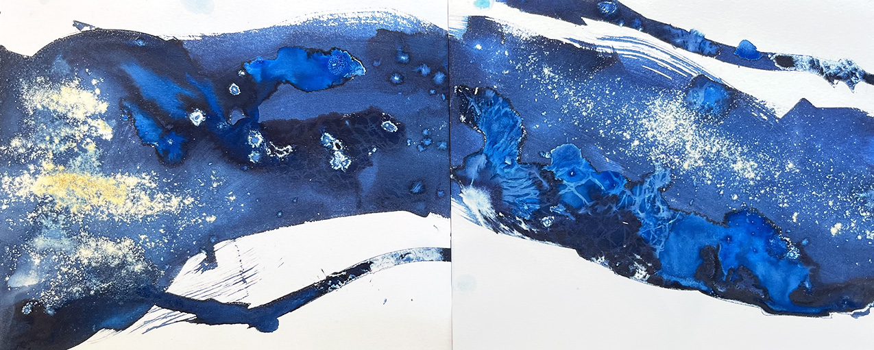 Riparian Haunts by Stephanie Heit: an abstract cyanotype resembles a blue river on white paper