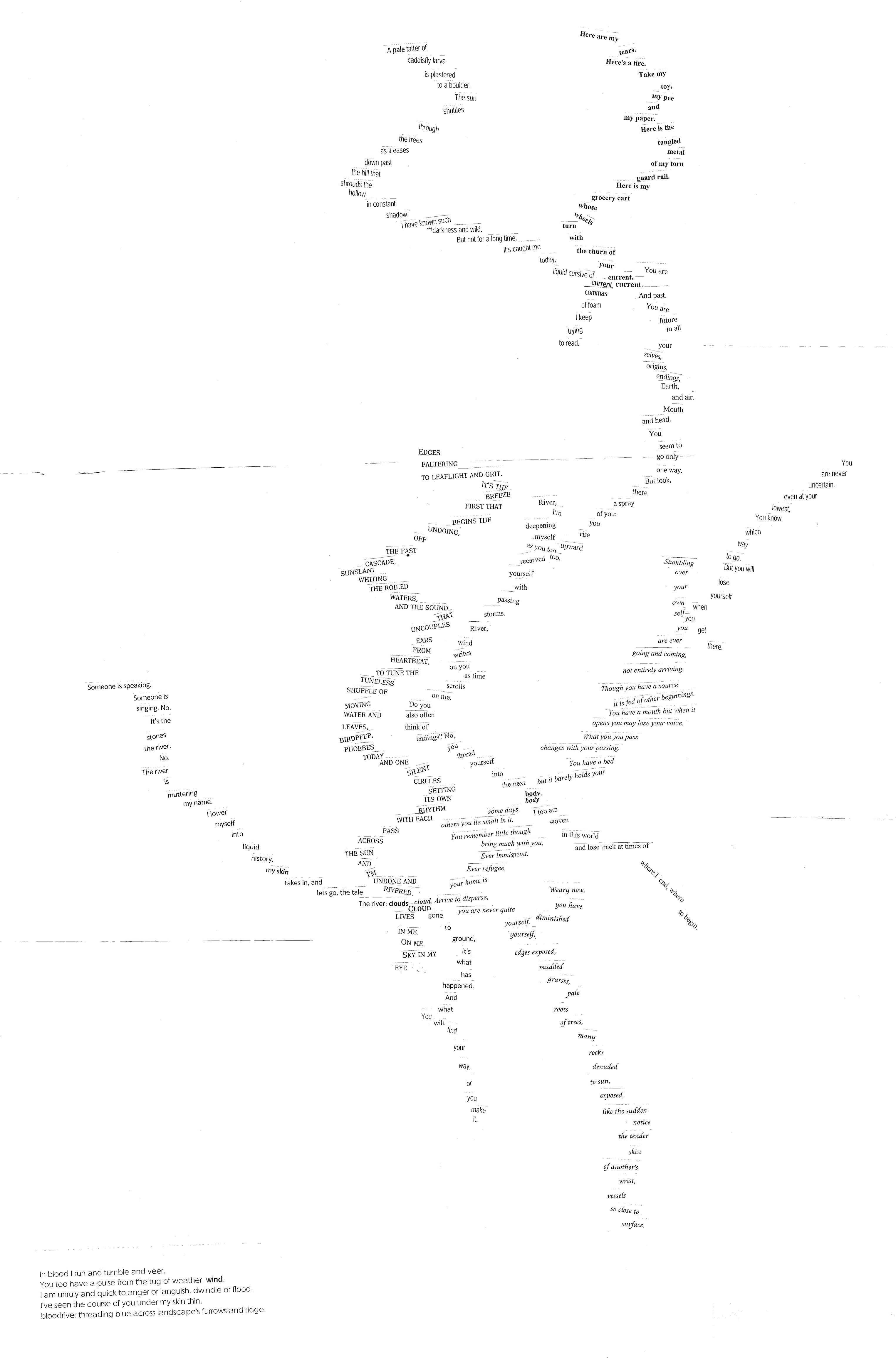 a visual poem resembling branching rivers. black text on white background.