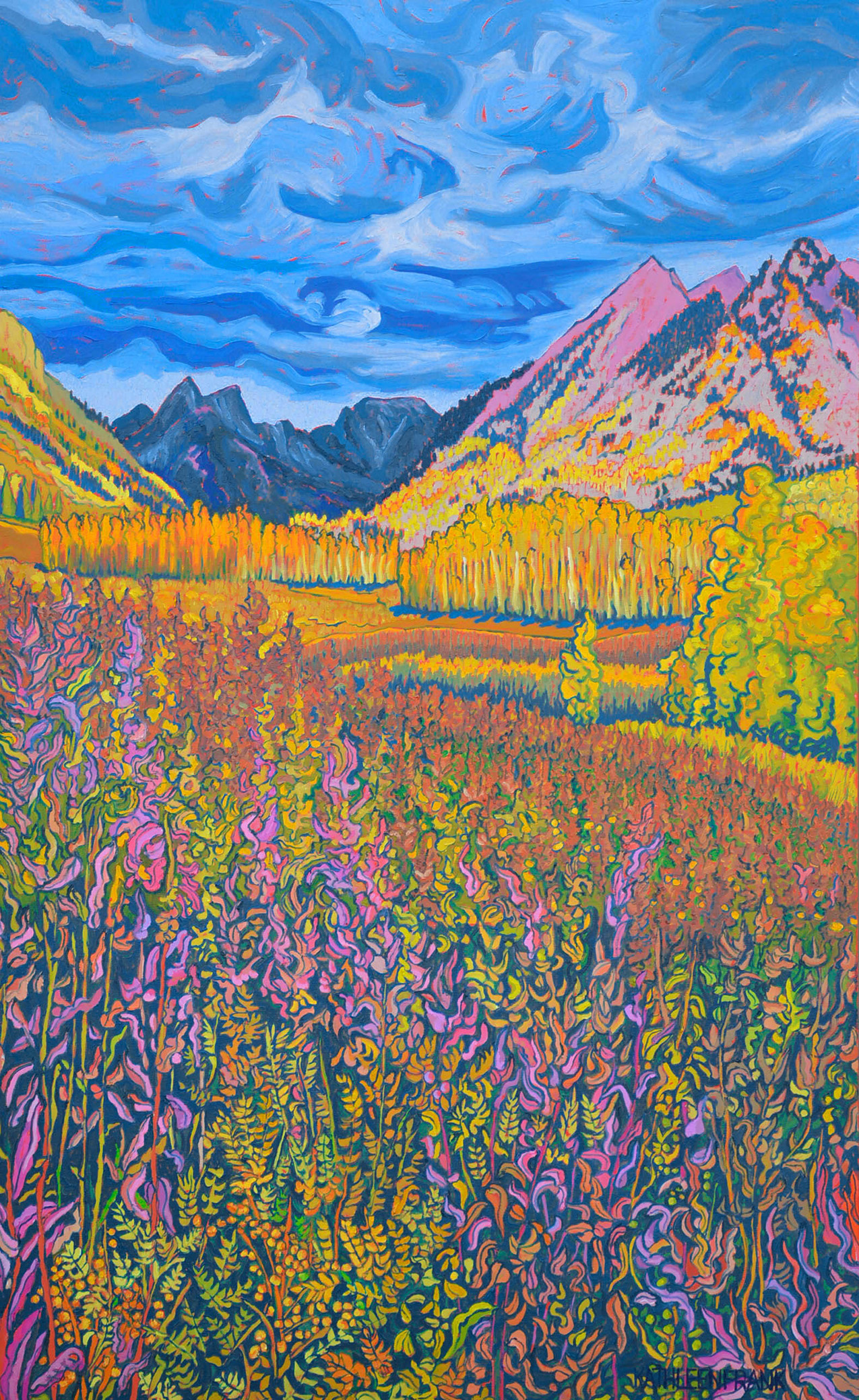 vertical oil painting with brilliant colors. the foreground is a field full of wildflowers, leading to stands of trees and mountains under a swirly unsettled sky.