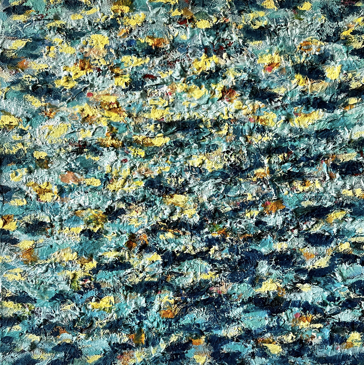 heavily textured turquoise and yellow oil painting in a mottled pattern resembling light on water