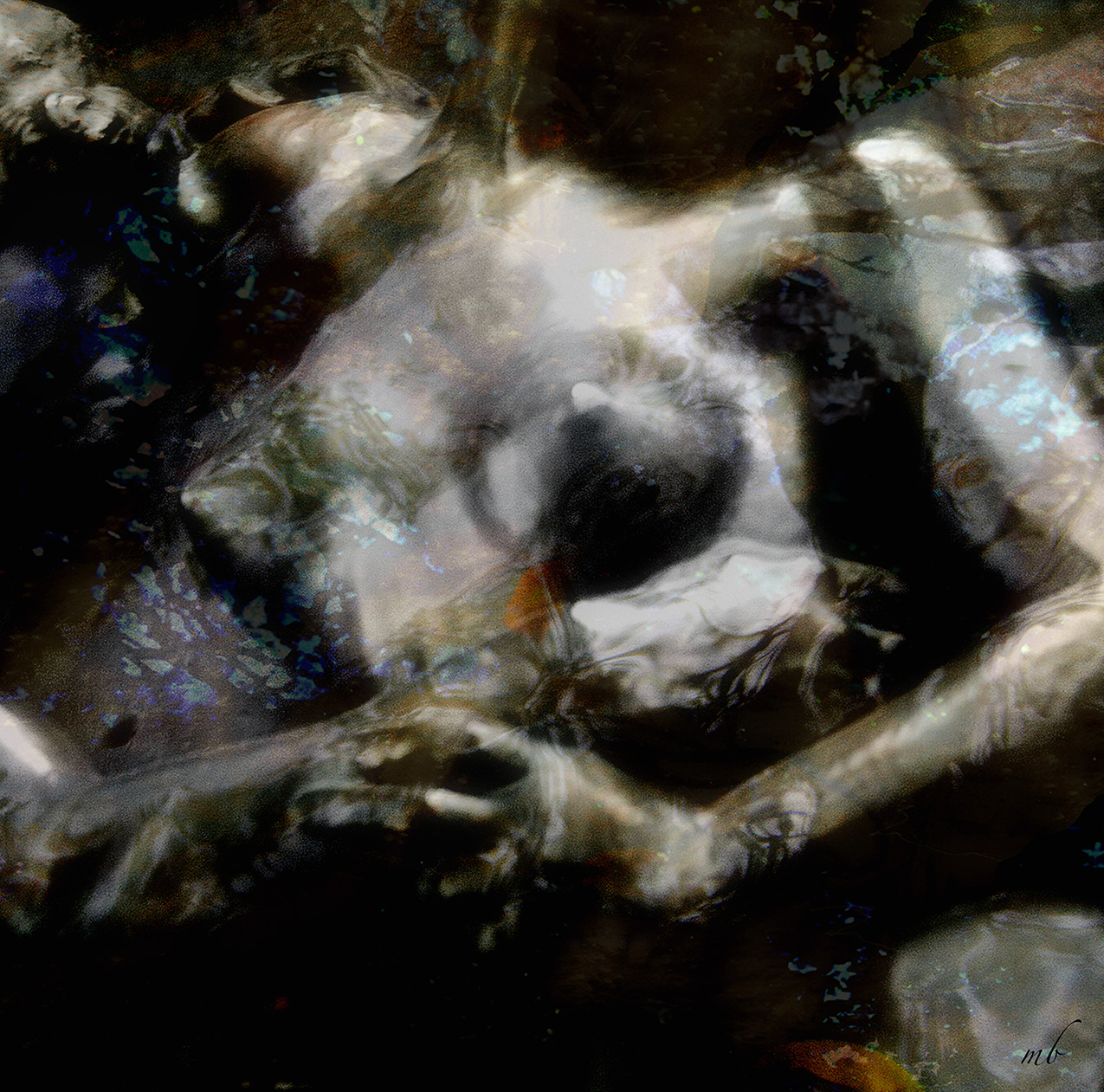 abstract image in the style of double exposure photography. the female figure is distorted and overlaid with water ripples and various colors.
