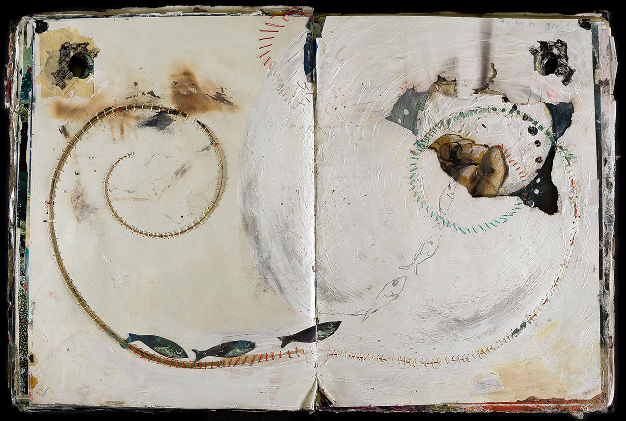 neutral-colored collage featuring dried reeds stiched into paper and fish, both photo and hand-drawn, over a textured white swirling background
