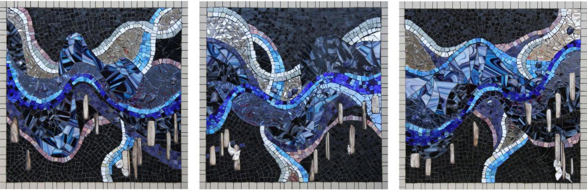 a triptych mosaic of black, various shades of blue, grays and white that resembes an abstract, wavy river