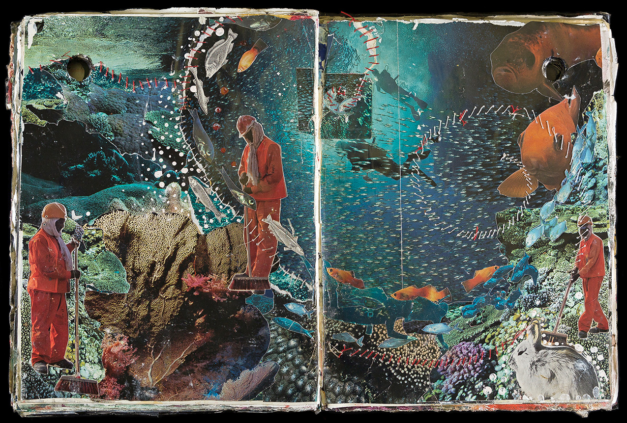 two-page collage featuring photos of coral reefs, fish, a rabbit, and men in work construction uniforms sweeping with a broom, along with stitching 