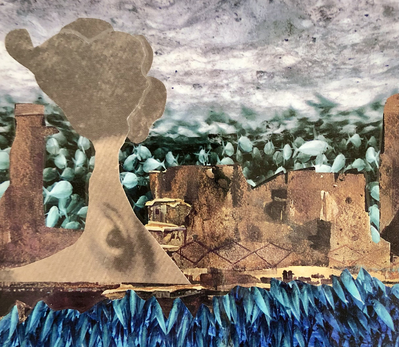 collage featuring backgrounds of a school of blue fish (bottom), a school of white fish (middle), and dirty ice (top) with rough brown structures in the center and an eyeball printed on a shape that is tree-like but also reminisent of a smokestack