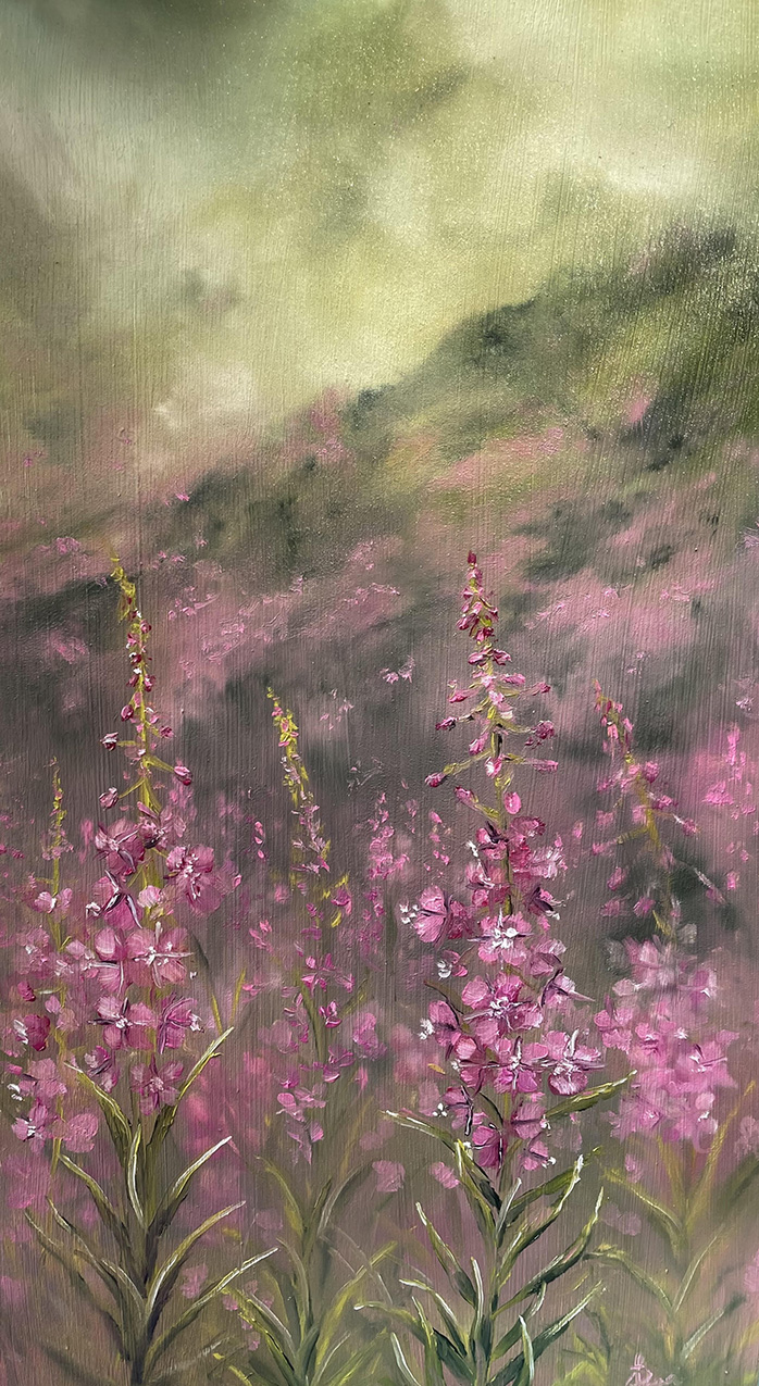 a textured painting of bright pink flower stalks in the foreground; their color continues in the blurred background along with dark hills and a ominous yellow-green sky