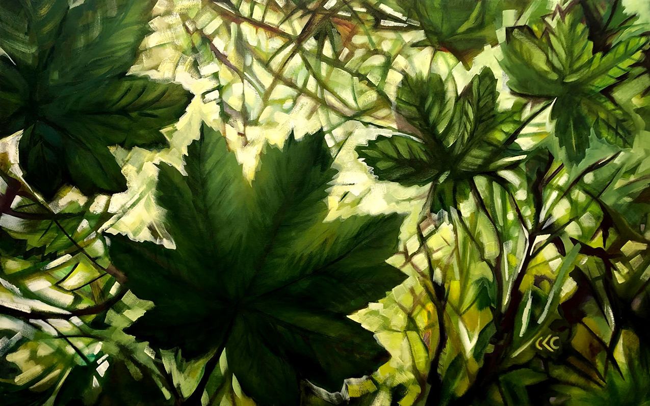 a stylized painting of many-lobed green leaves with a background of tree branches; the leaves are dark against the lighter background as if looking up toward the sun from within a forest
