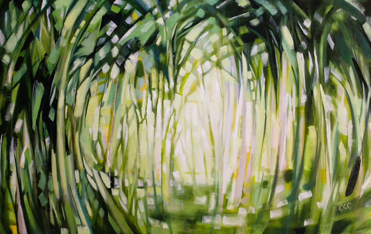 an abstracted forest made of thick, long brush strokes in many shades of green; the center of the image is quite bright and the stokes around the edges are dark with sections almost black