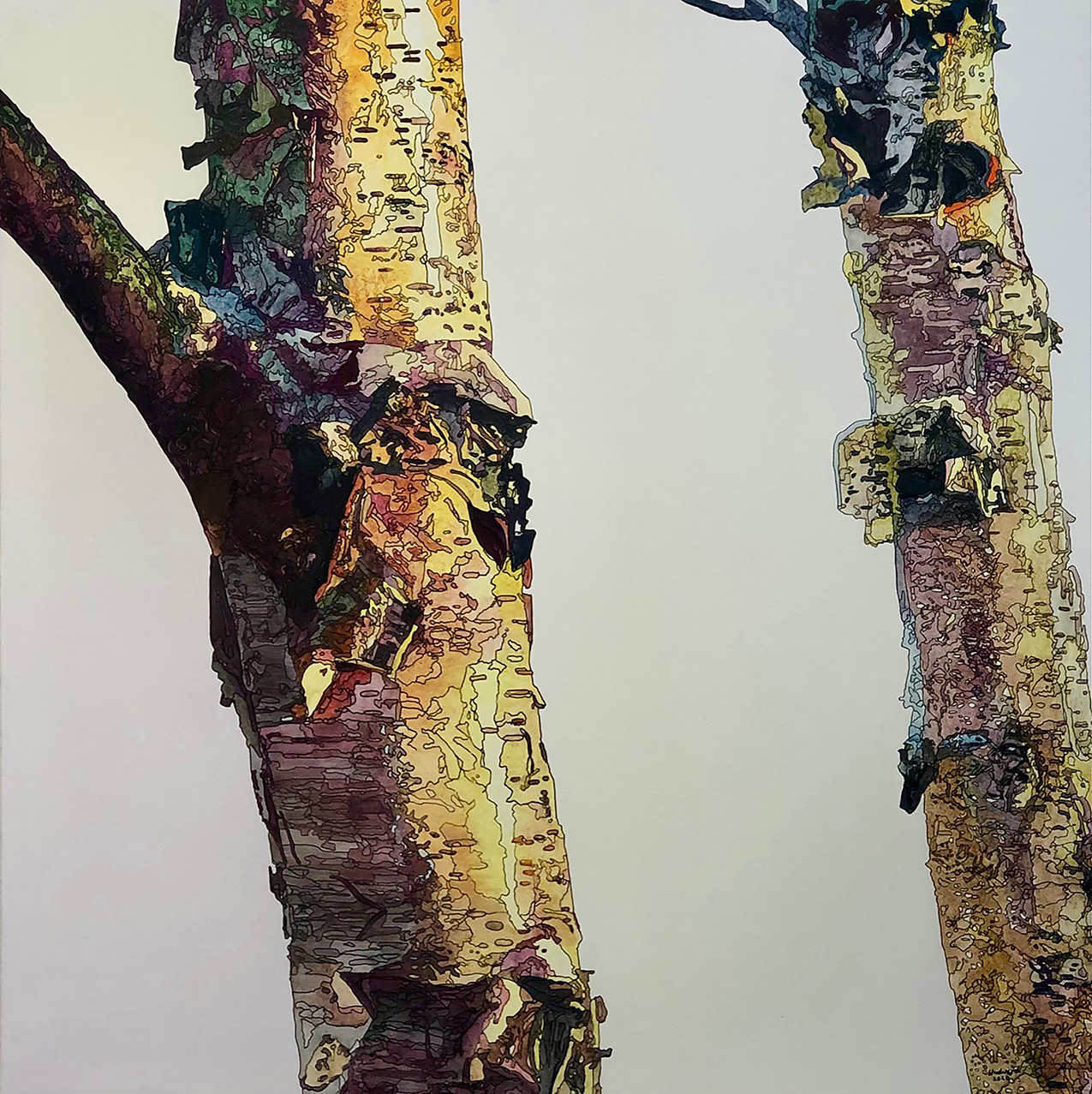 drawing of two birch trees made up of varying blocks of color from yellow bark to green and purple shadows