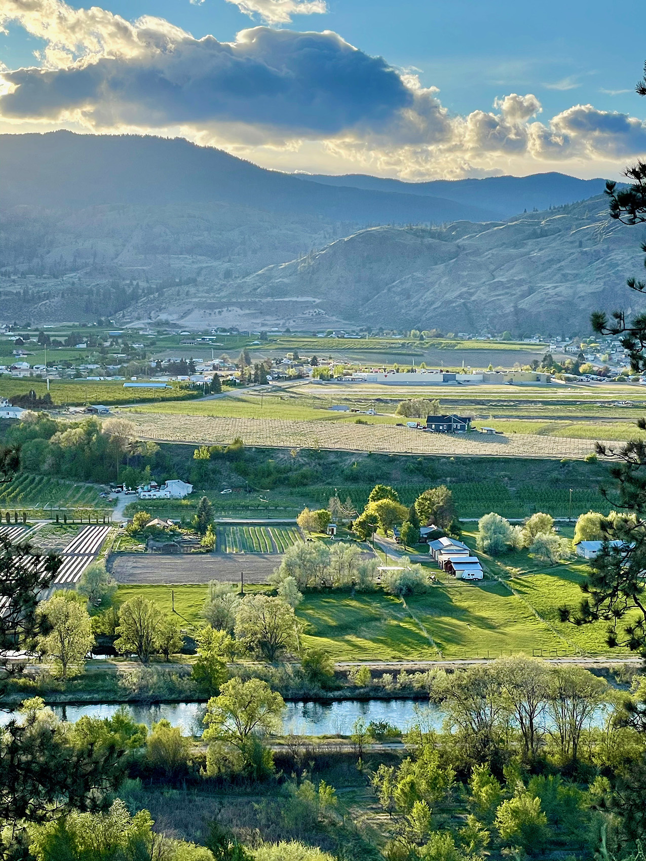 photo of a valley from a high vantage point. a river nestled neatly between two roads is in the foreground, and much of the image is of farmland, with mountains in the background