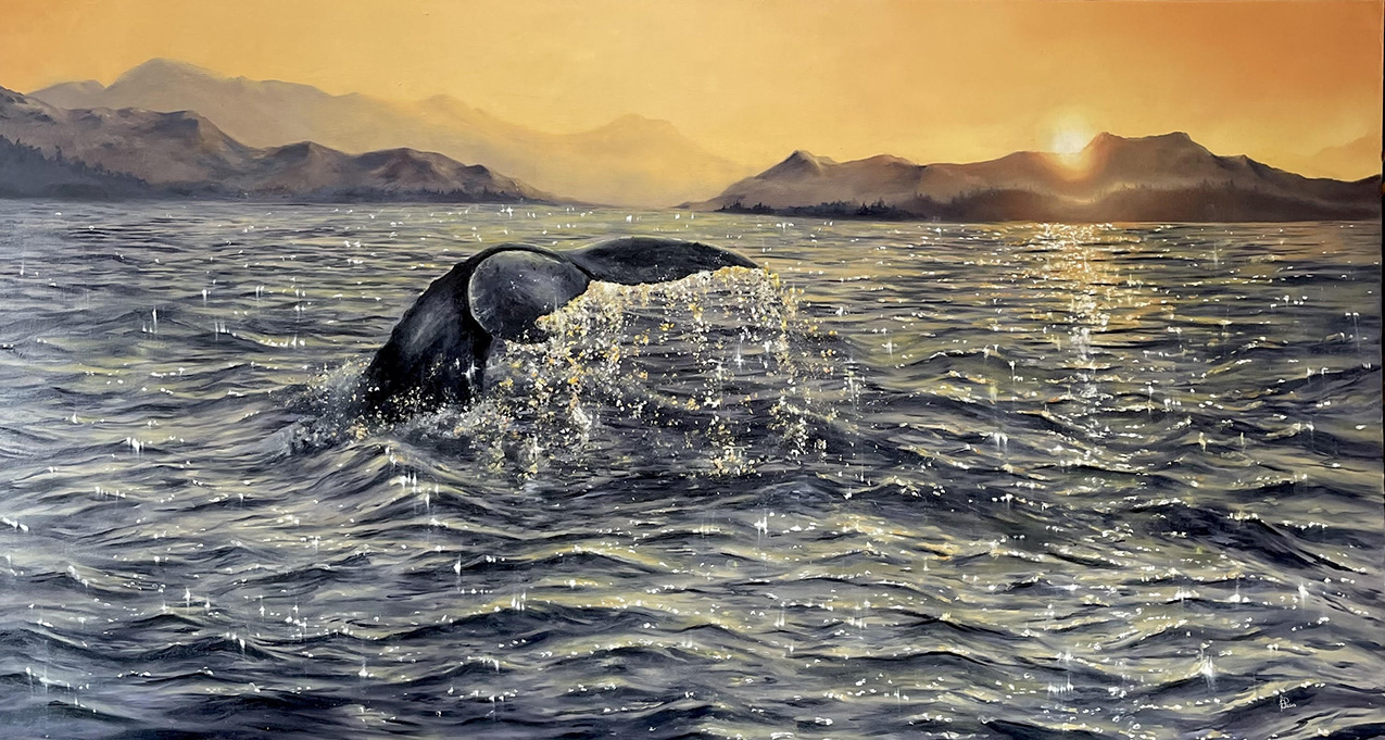 realistic painting of a whale's tail above the surface of a shimmering wavy body of water with mountains and a setting sun in the background