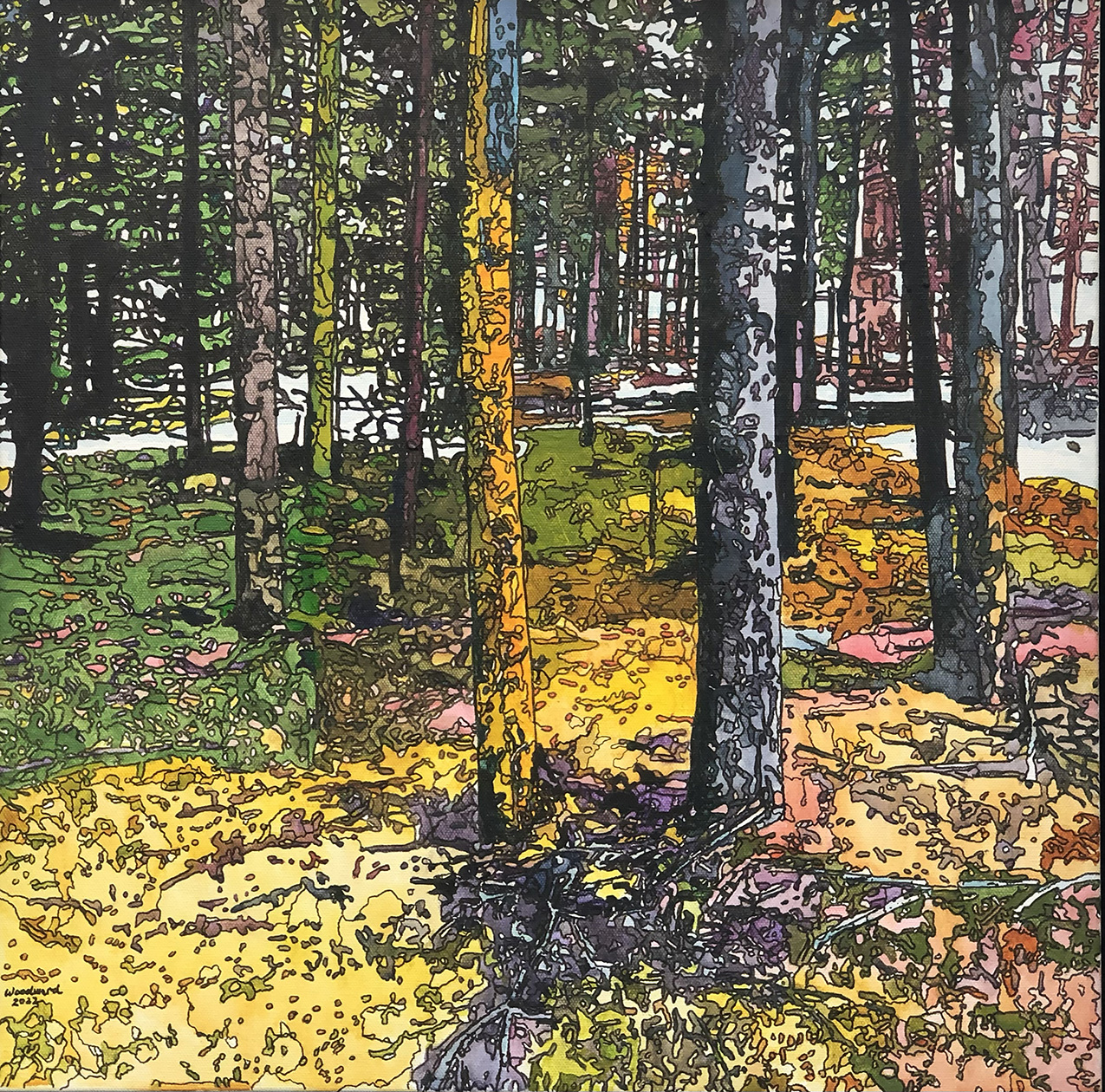 hyper-colored painting of trees made up of solid color fields outlined in black